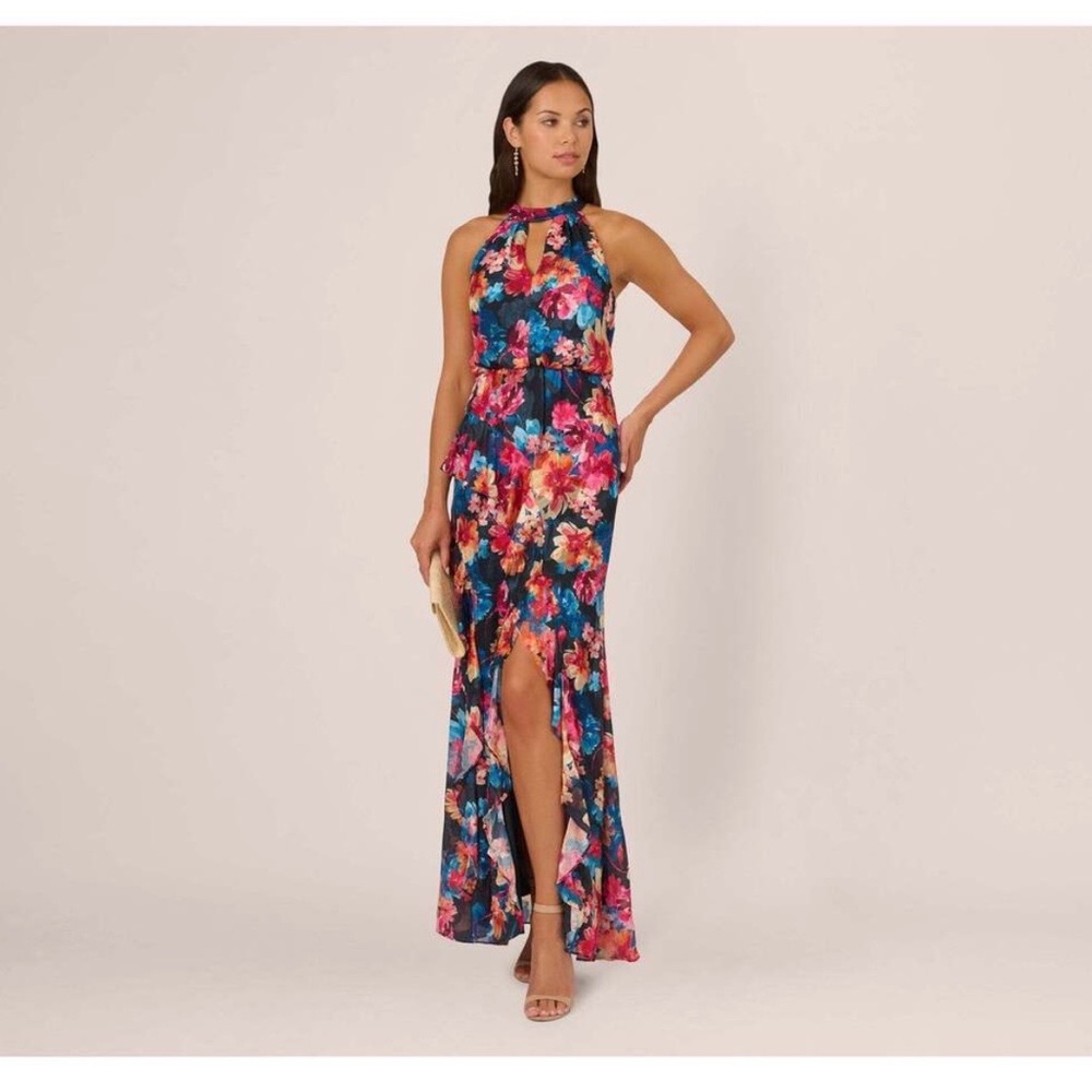 New Adrianna Papell Floral Printed Halter Mermaid Gown With Ruffle